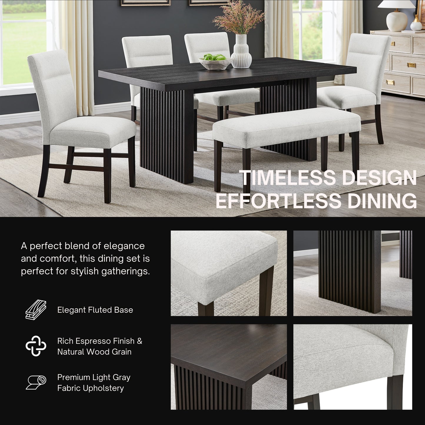 Roundhill Furniture Madison 6-Piece Dining Set, Slat-Fluted Dining Table with 4 Chairs and Bench, Gray