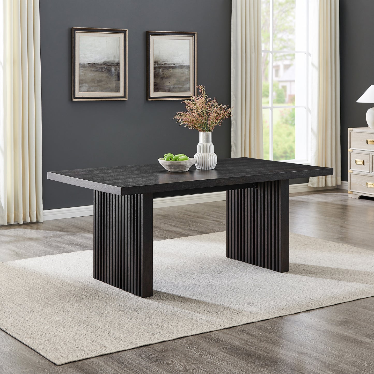 Roundhill Furniture Madison 6-Piece Dining Set, Slat-Fluted Dining Table with 4 Chairs and Bench, Gray