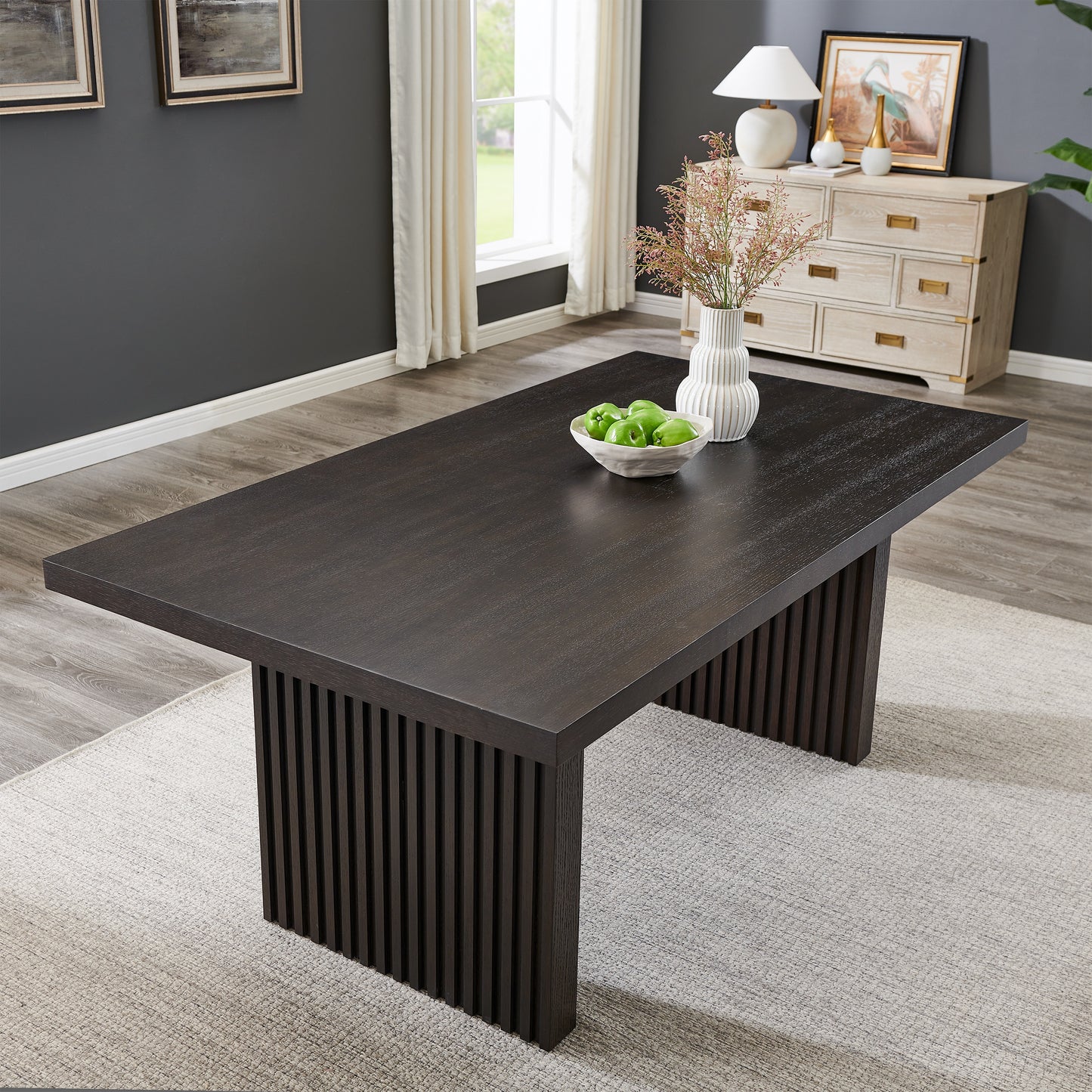 Roundhill Furniture Madison 6-Piece Dining Set, Slat-Fluted Dining Table with 4 Chairs and Bench, Gray