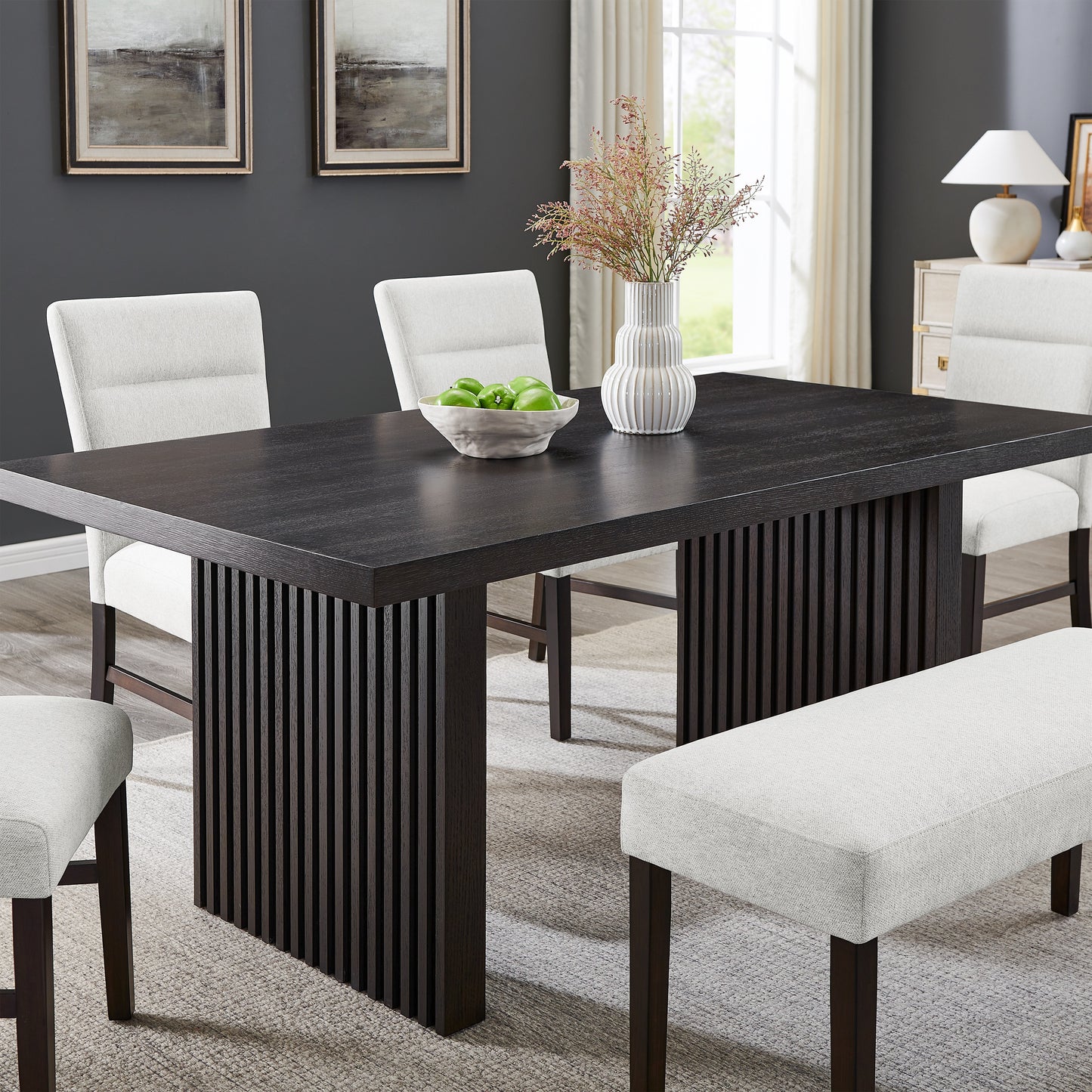 Roundhill Furniture Madison 6-Piece Dining Set, Slat-Fluted Dining Table with 4 Chairs and Bench, Gray