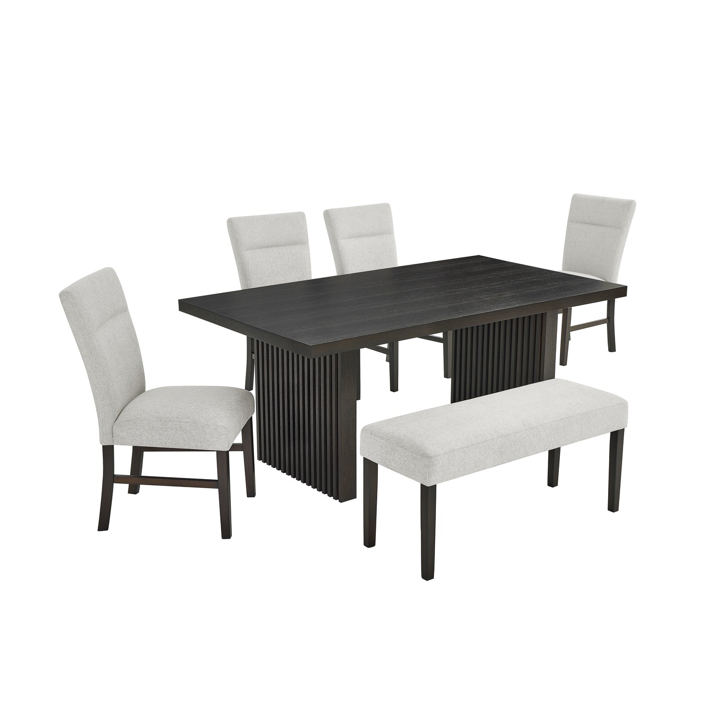 Roundhill Furniture Madison 6-Piece Dining Set, Slat-Fluted Dining Table with 4 Chairs and Bench, Gray