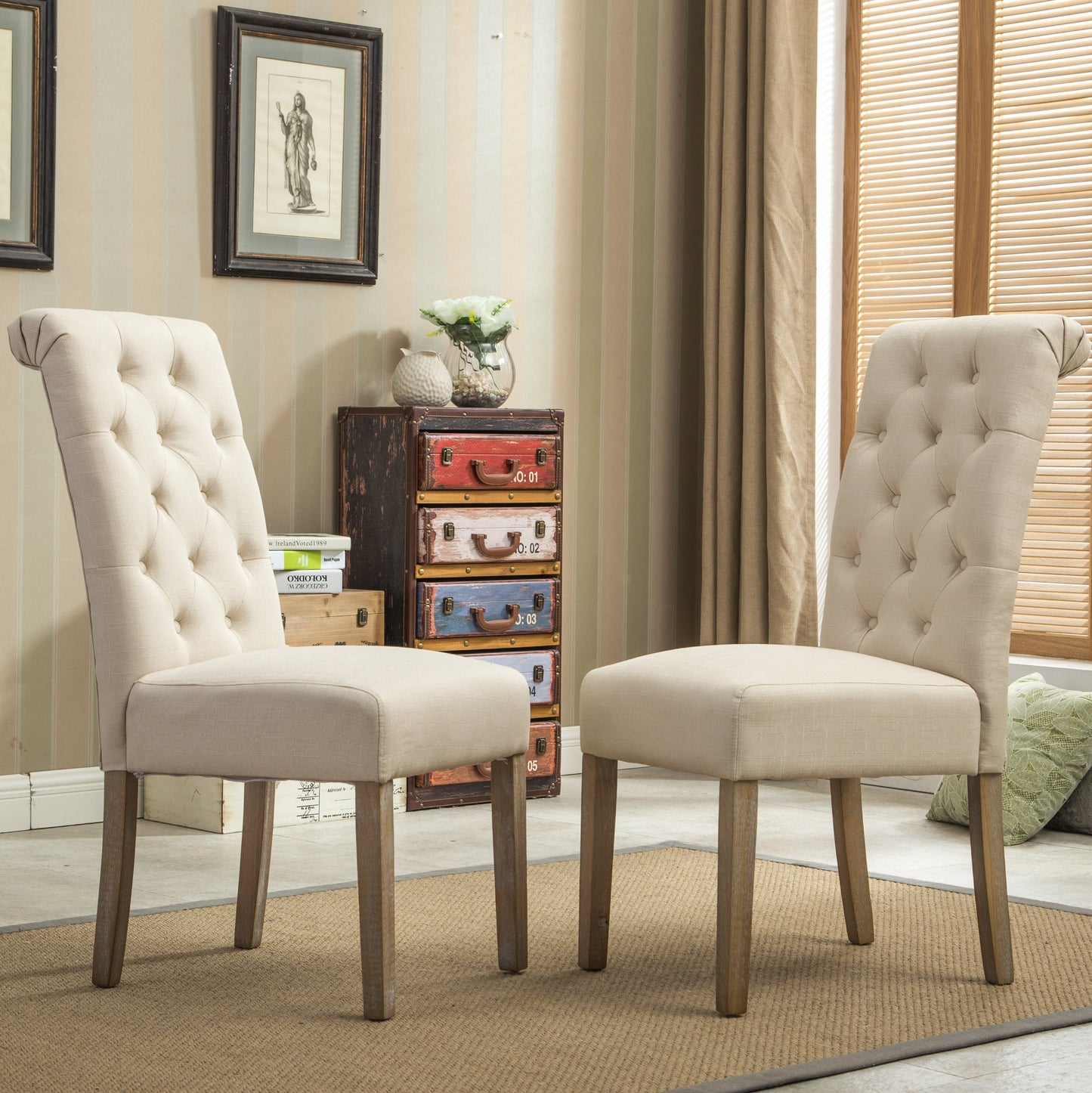 Siena White-washed Finished 5-Piece Dining set, Pedestal Round Table with Tan Upholstered Chairs