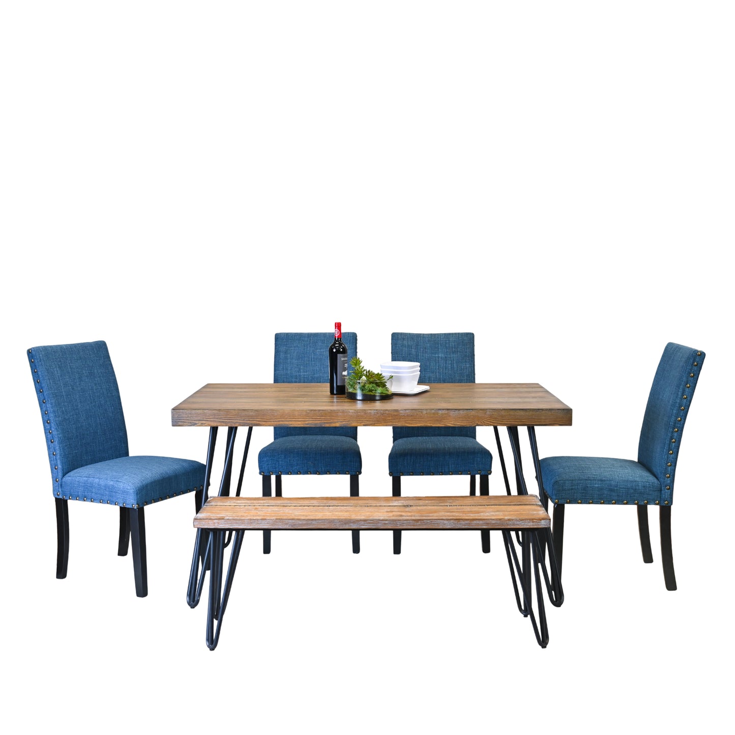 Amisos 6-Piece Dining Set, Hairpin Dining Table with 4 Chairs and a Wood Bench, 3 Color Options