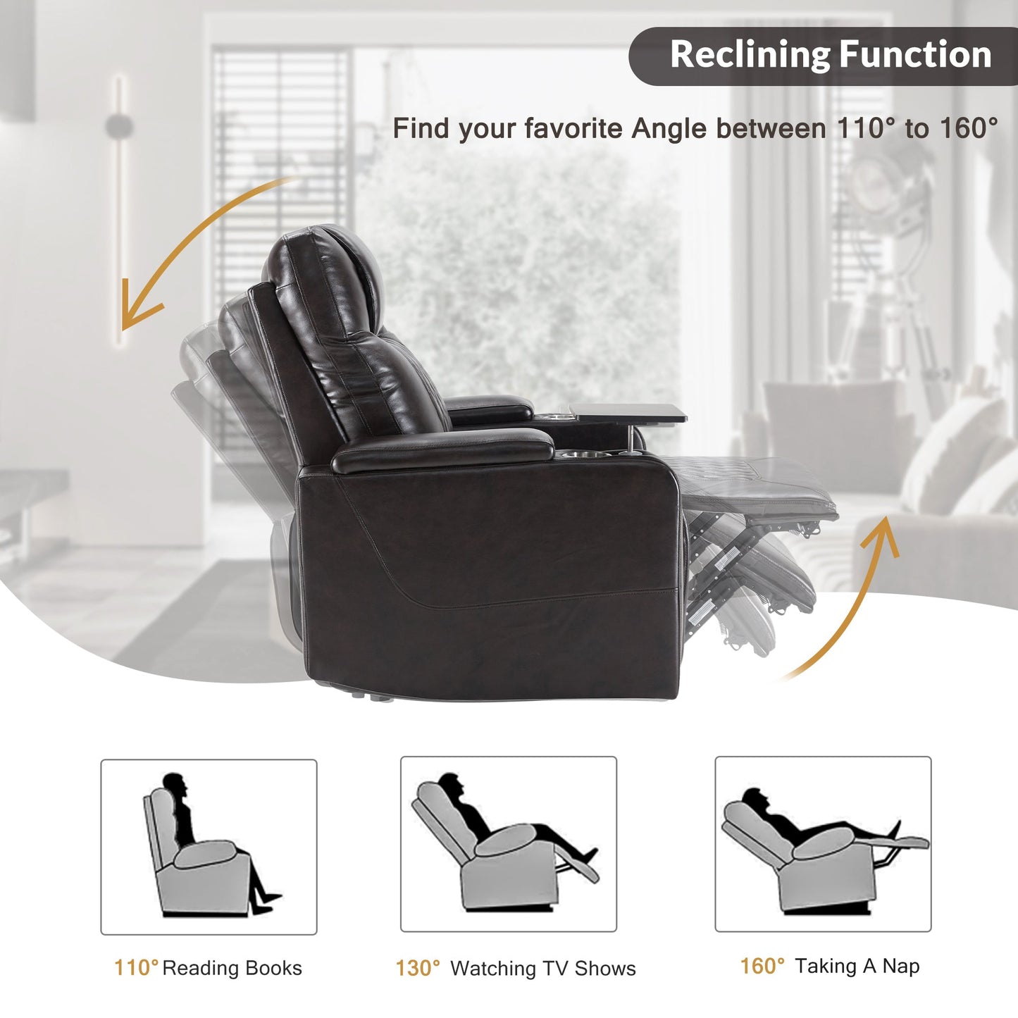 Power Motion Recliner with USB Charging Port and Hidden Arm Storage 2 Convenient Cup Holders Design and 360° Swivel Tray Table, Black