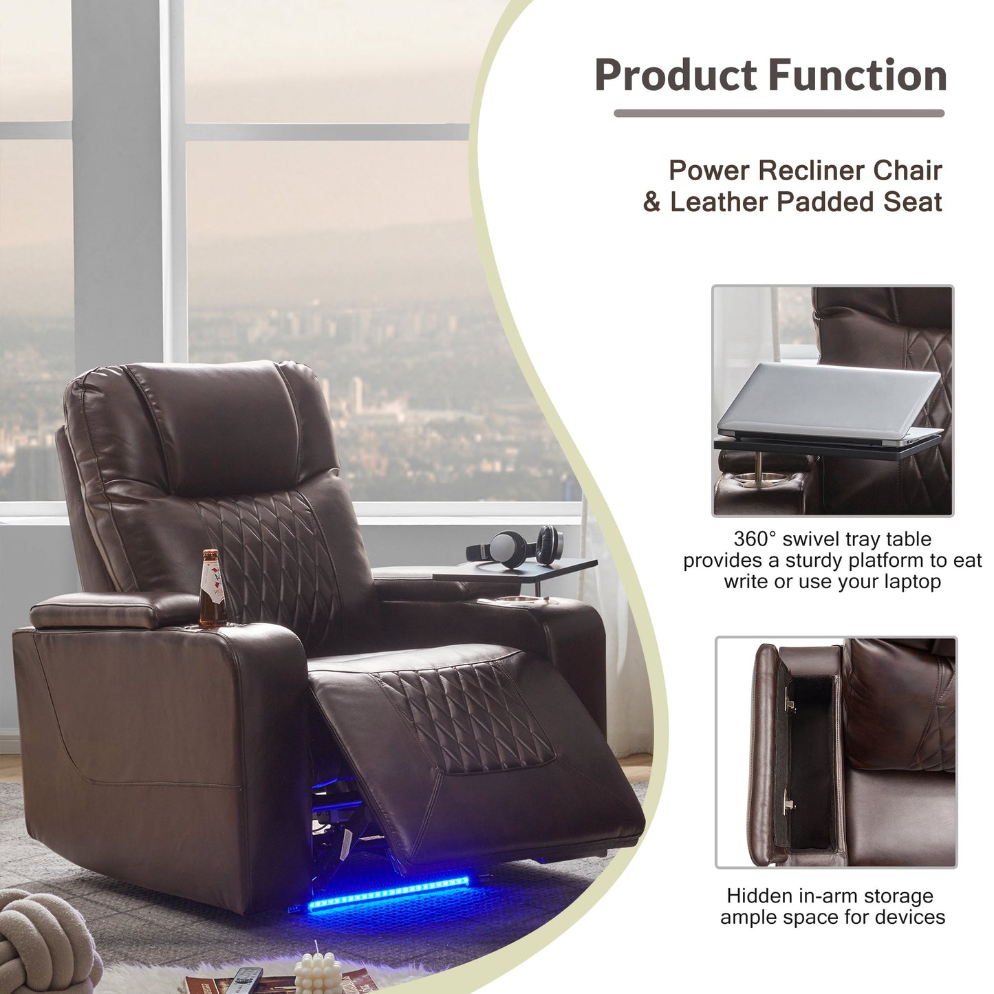 Power Motion Recliner with USB Charging Port and Hidden Arm Storage 2 Convenient Cup Holders Design and 360° Swivel Tray Table, Brown