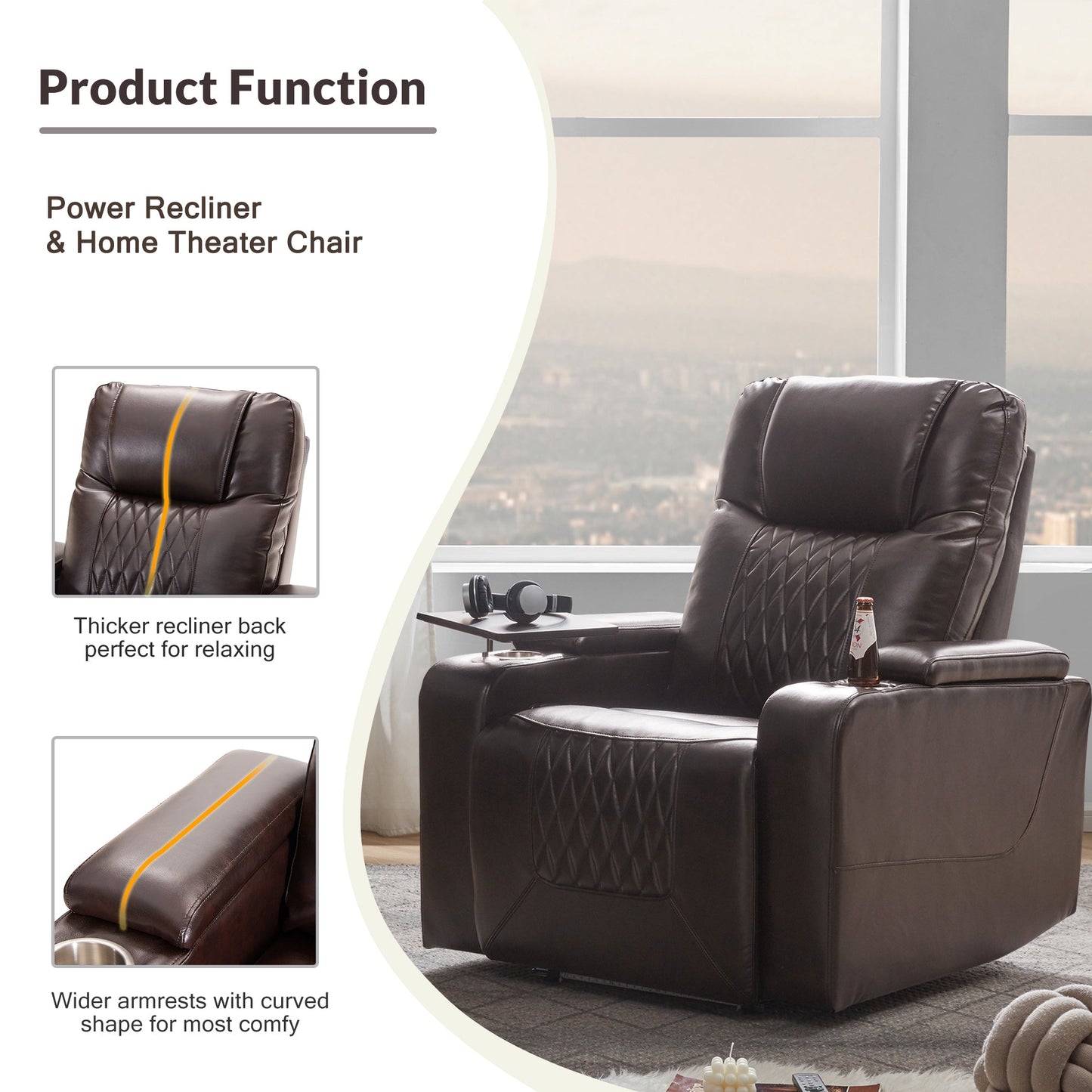 Power Motion Recliner with USB Charging Port and Hidden Arm Storage 2 Convenient Cup Holders Design and 360° Swivel Tray Table, Brown