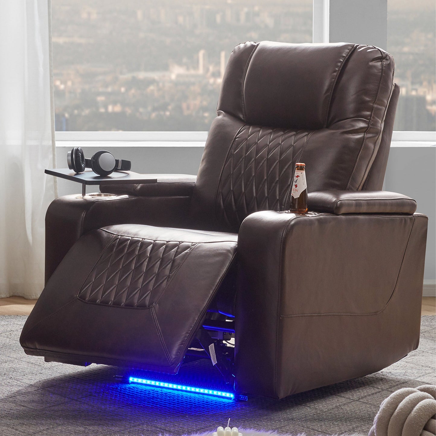 Power Motion Recliner with USB Charging Port and Hidden Arm Storage 2 Convenient Cup Holders Design and 360° Swivel Tray Table, Brown