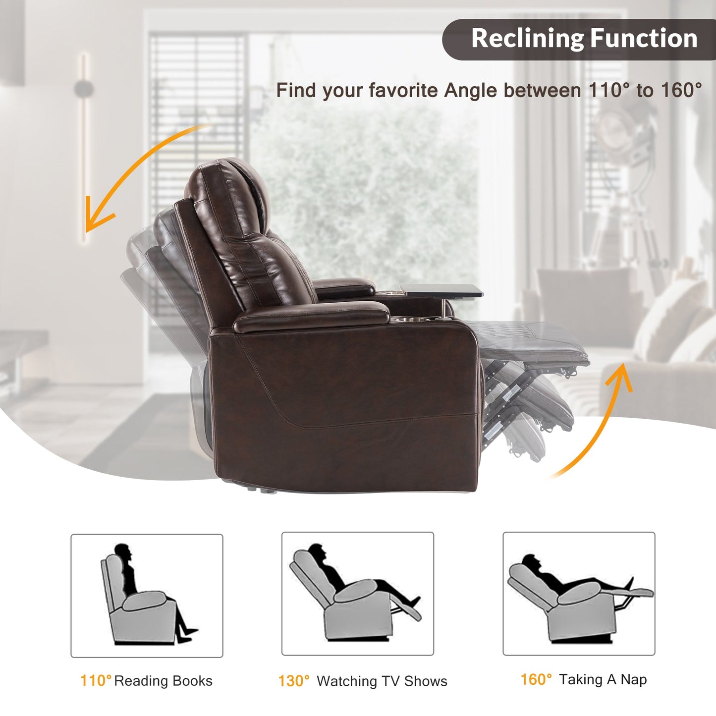 Power Motion Recliner with USB Charging Port and Hidden Arm Storage 2 Convenient Cup Holders Design and 360° Swivel Tray Table, Brown