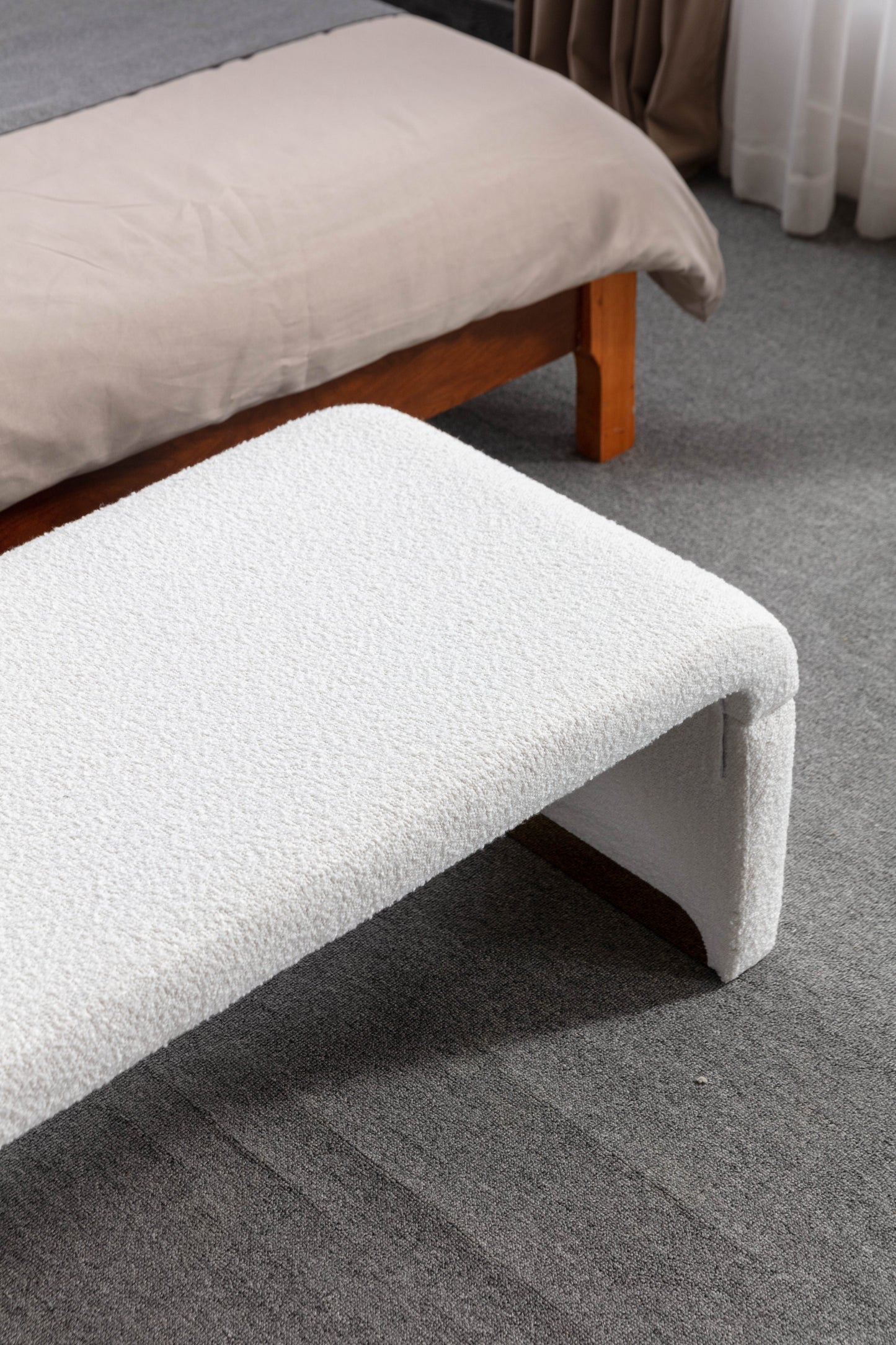 Boucle Fabric Footstool Bedroom Bench Shoe Bench With Gold Metal Legs, Ivory White