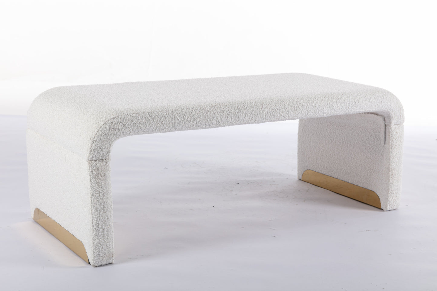 Boucle Fabric Footstool Bedroom Bench Shoe Bench With Gold Metal Legs, Ivory White