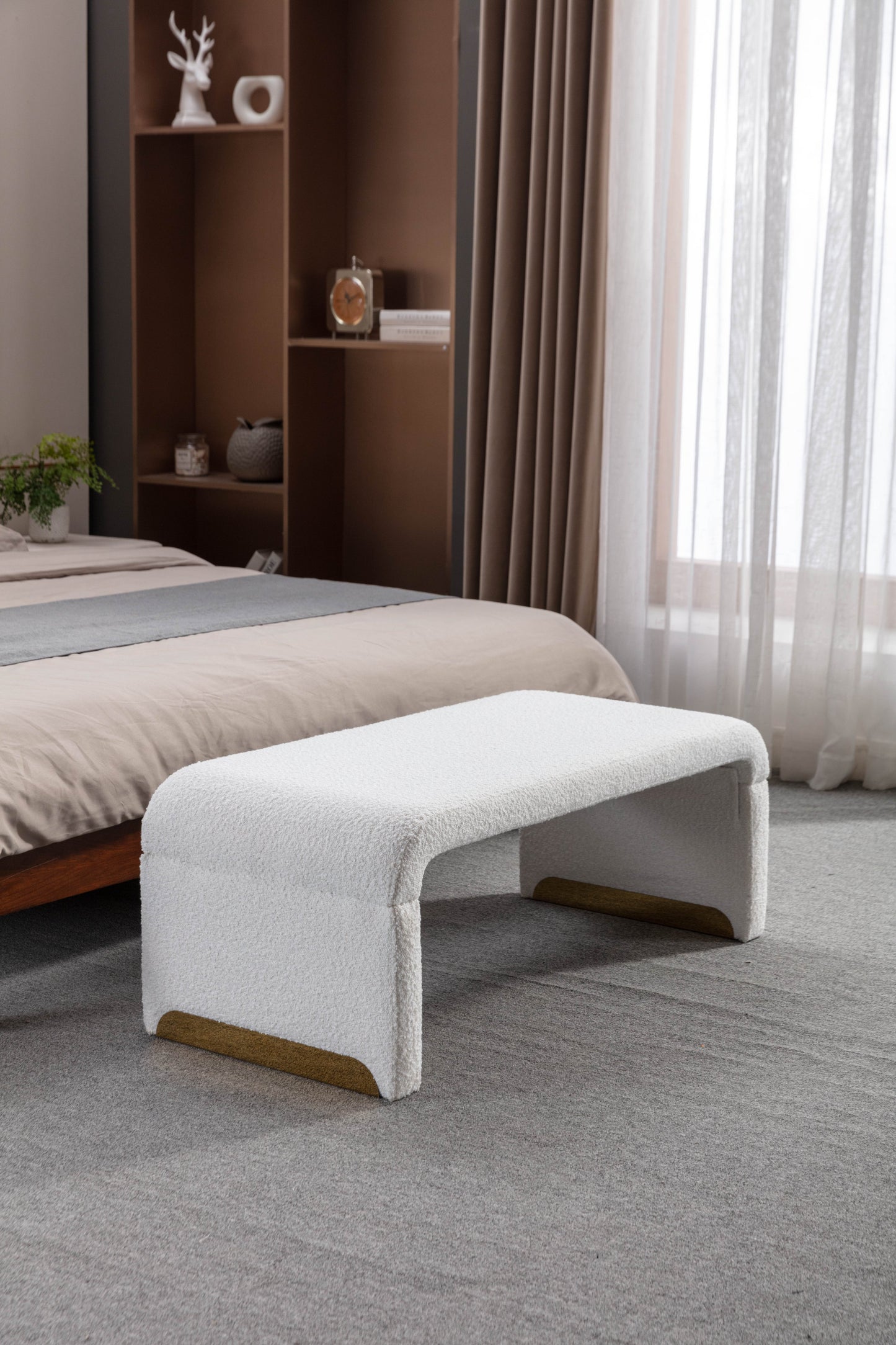 Boucle Fabric Footstool Bedroom Bench Shoe Bench With Gold Metal Legs, Ivory White