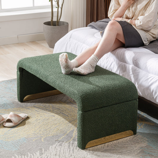 Boucle Fabric Footstool Bedroom Bench Shoe Bench With Gold Metal Legs,Green