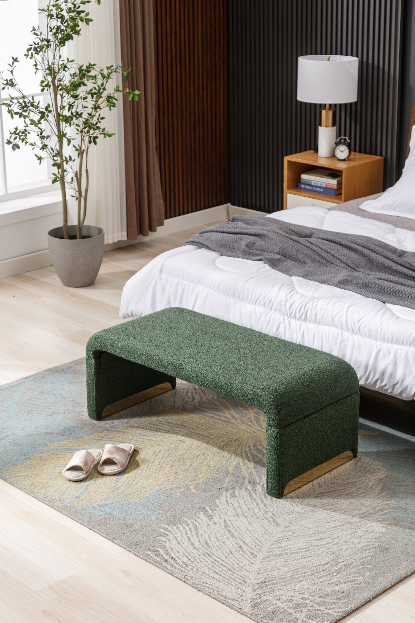 Boucle Fabric Footstool Bedroom Bench Shoe Bench With Gold Metal Legs,Green