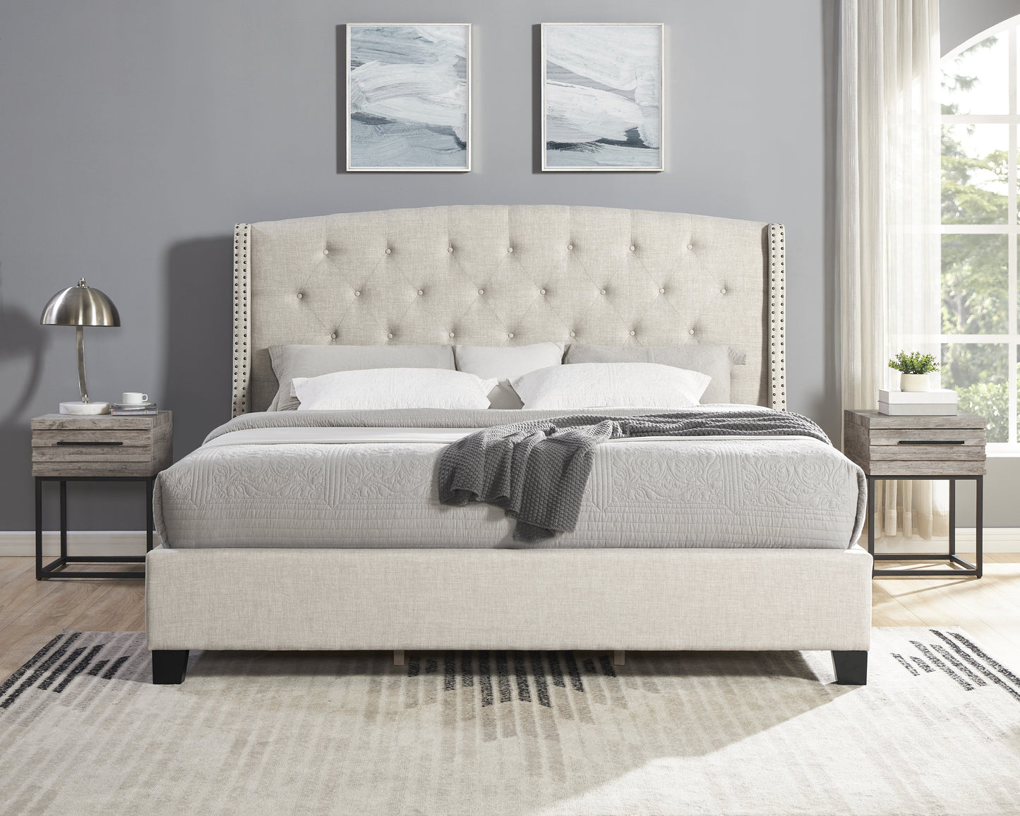 Roundhill Furniture Astral 3-Piece Upholstered Bedroom Set, Tufted Wingback Bed with Two Nightstands