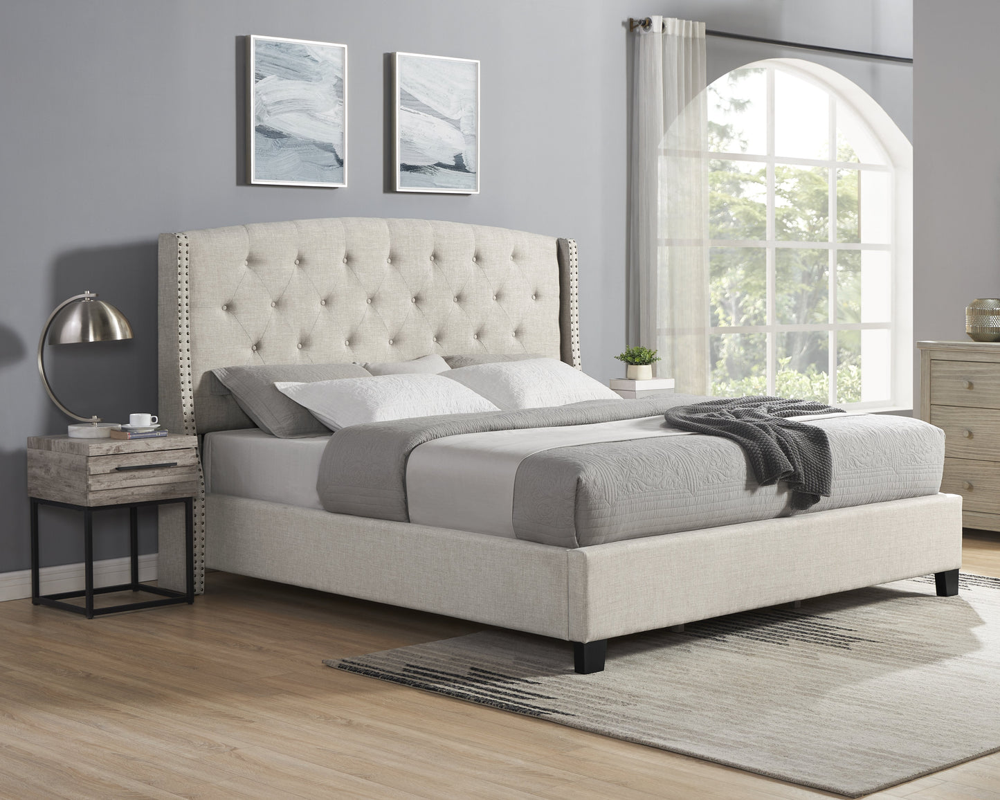 Roundhill Furniture Astral 3-Piece Upholstered Bedroom Set, Tufted Wingback Bed with Two Nightstands