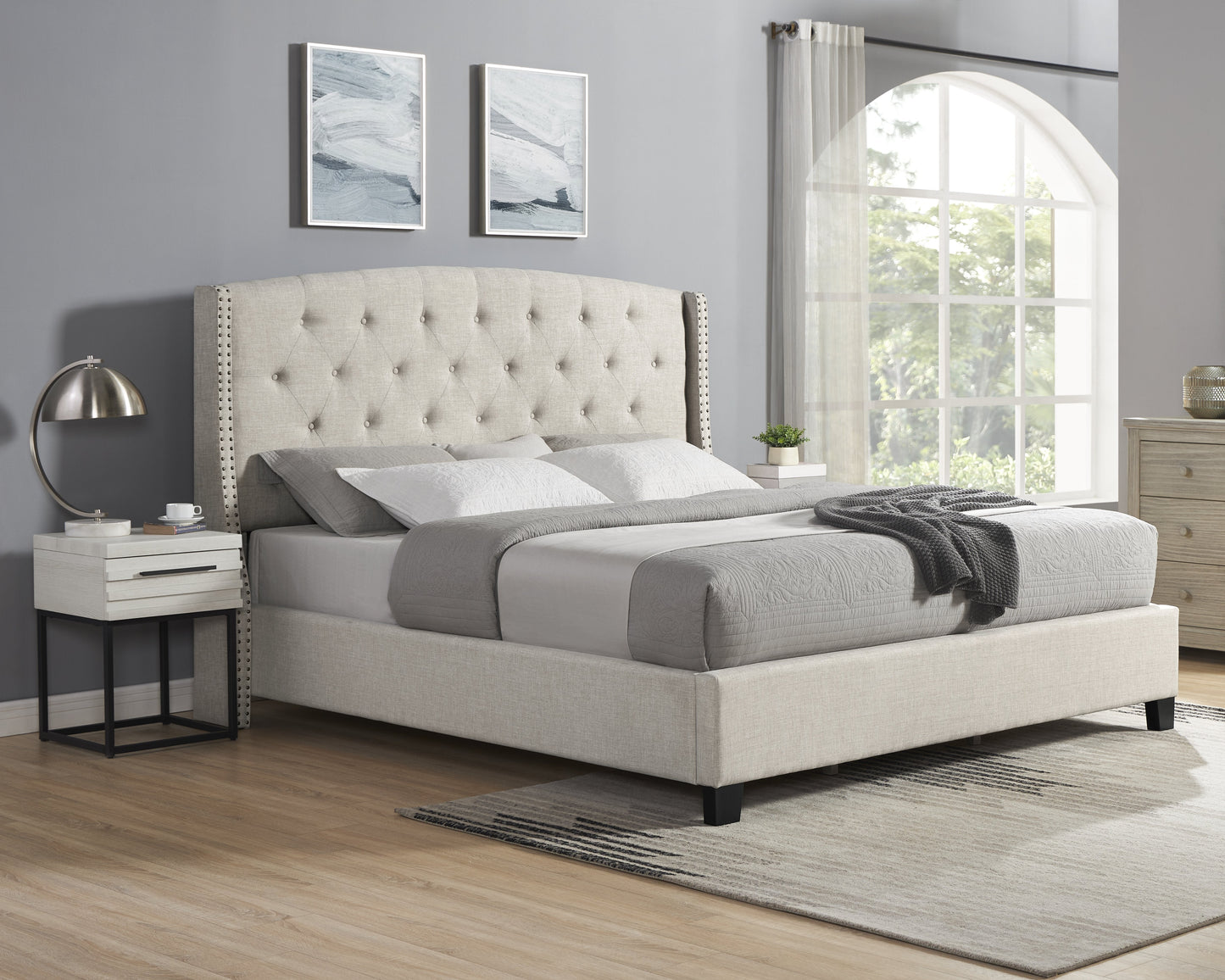 Roundhill Furniture Astral 3-Piece Upholstered Bedroom Set, Tufted Wingback Bed with Two Nightstands