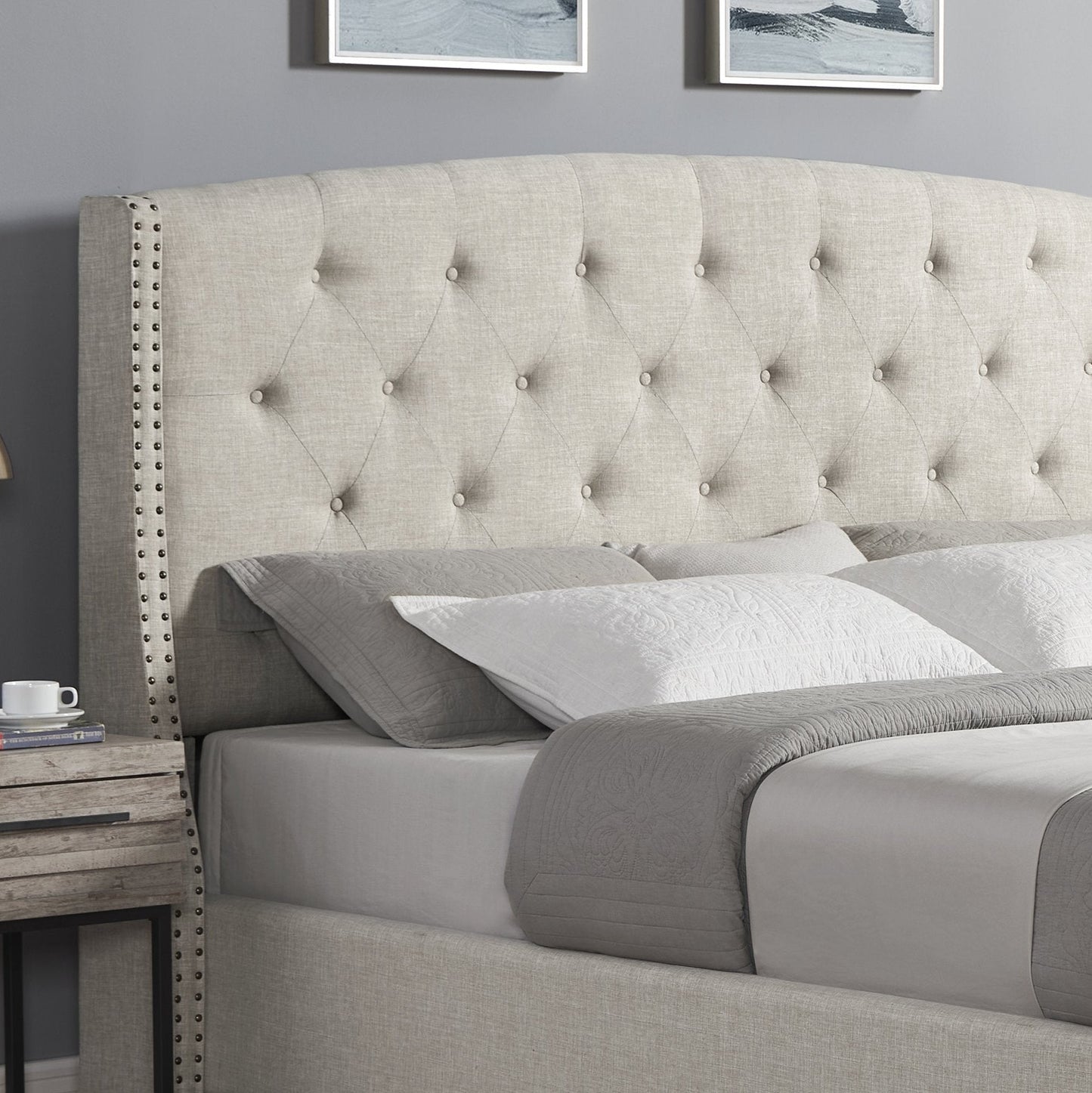 Roundhill Furniture Astral 3-Piece Upholstered Bedroom Set, Tufted Wingback Bed with Two Nightstands