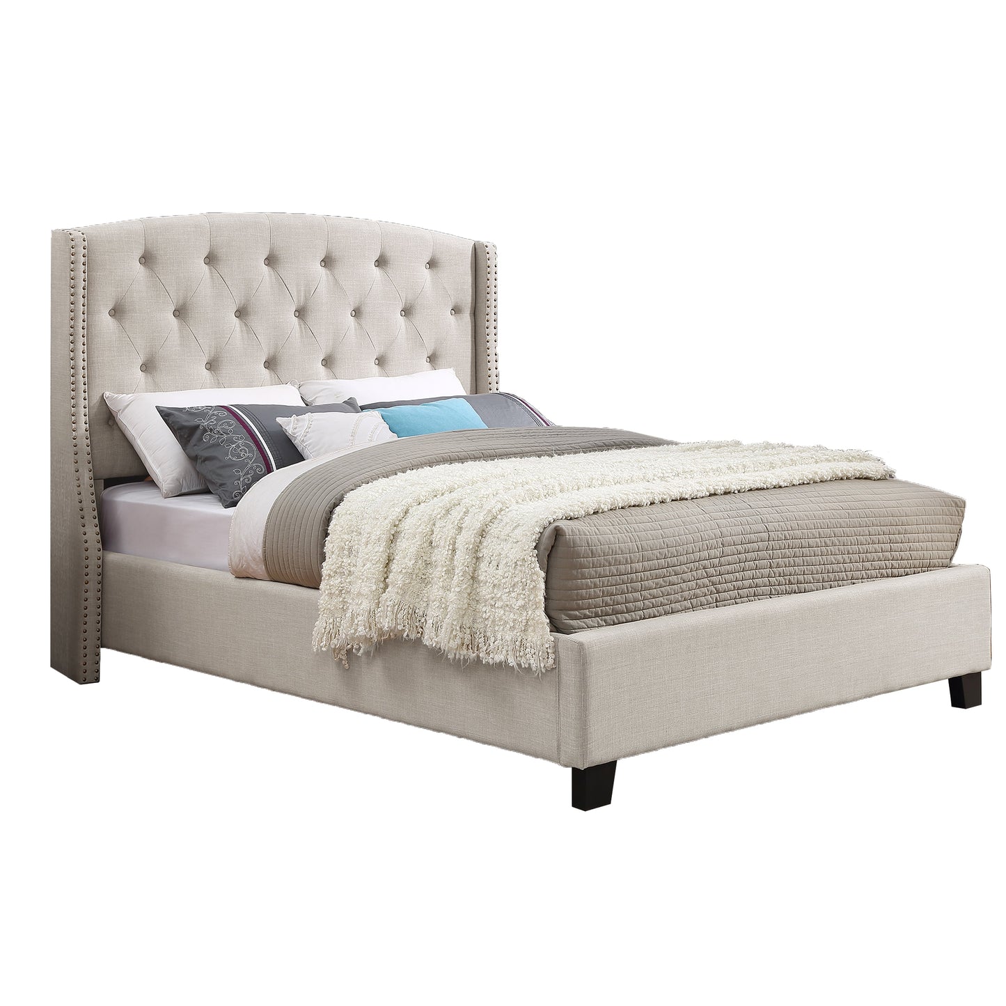 Roundhill Furniture Astral 3-Piece Upholstered Bedroom Set, Tufted Wingback Bed with Two Nightstands