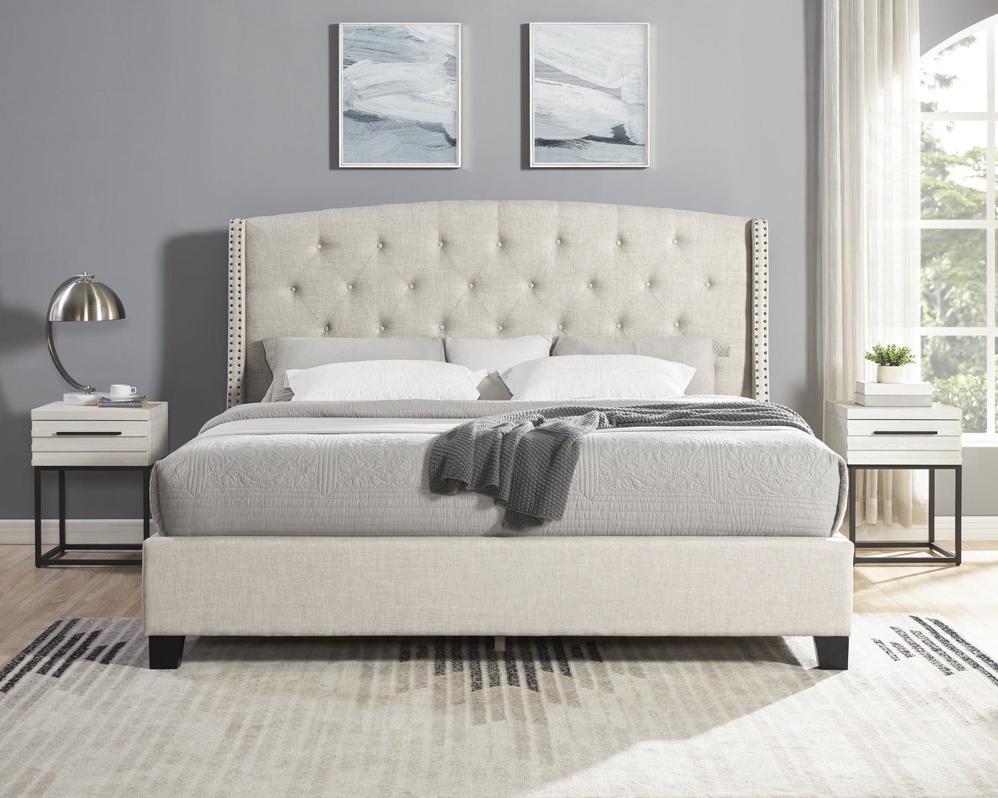 Roundhill Furniture Astral 3-Piece Upholstered Bedroom Set, Tufted Wingback Bed with Two Nightstands