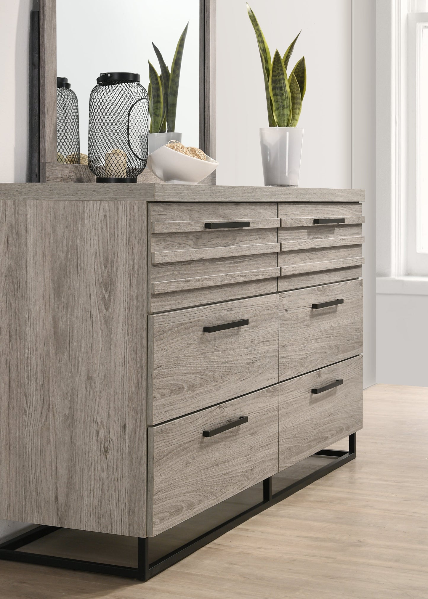 Alvear Contemporary 6-Drawer Dresser with Mirror, Weathered Gray