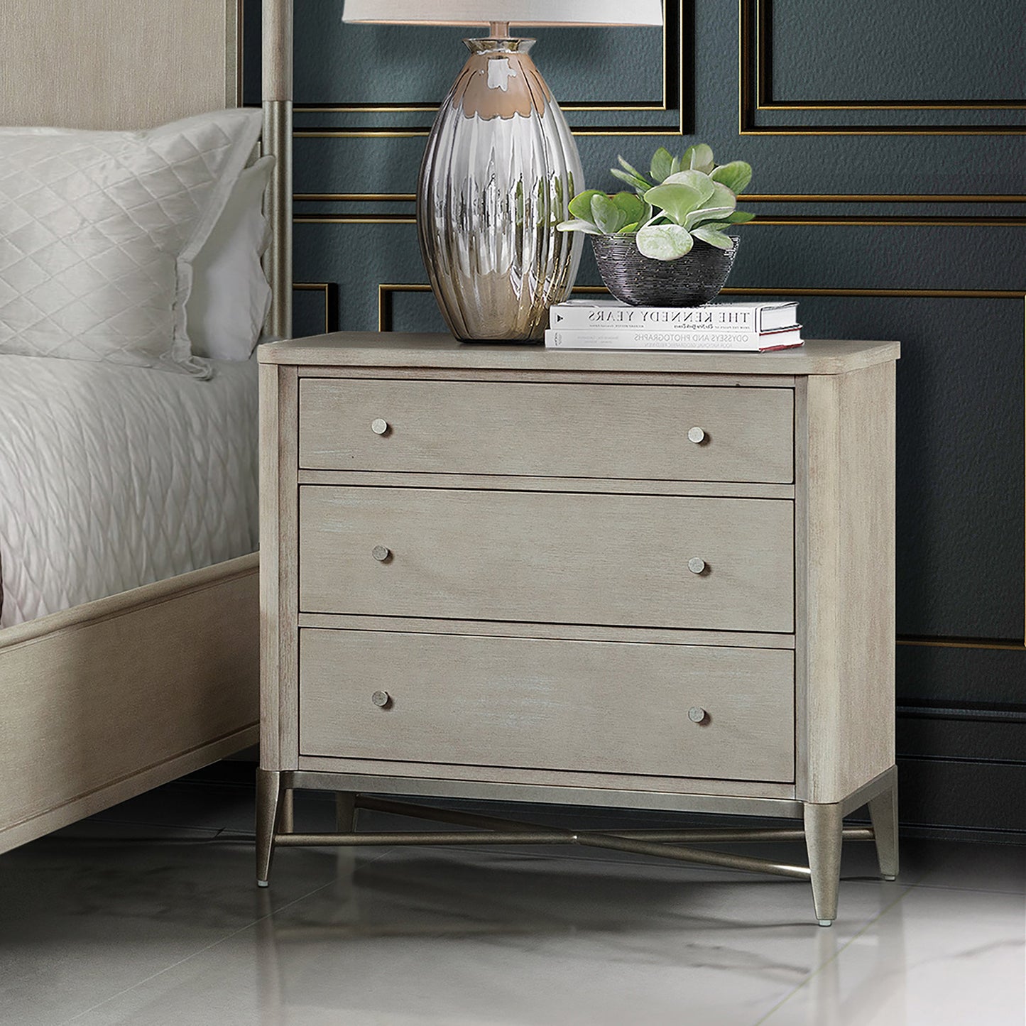 Mantalia Solid Wood 3-Drawer Nightstand with Metal Frame, Champagne