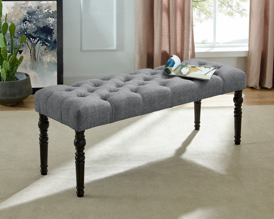 Roundhill Furniture Leviton Fabric Tufted Turned Leg Dining Bench, Gray