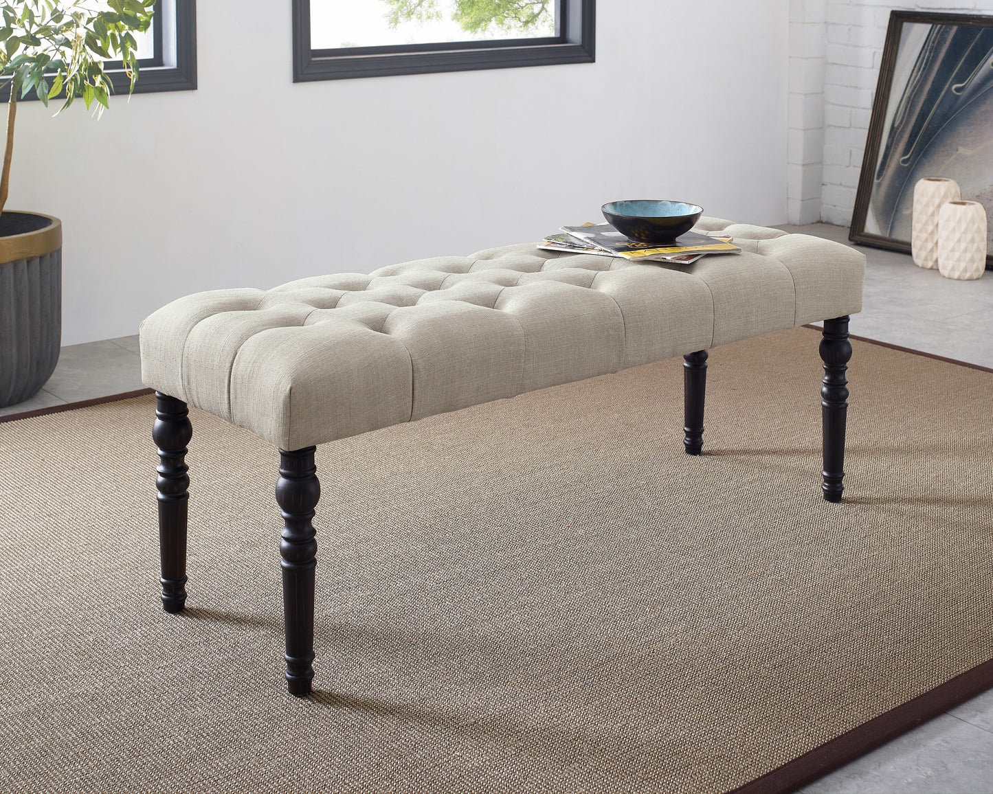 Roundhill Furniture Leviton Fabric Tufted Turned Leg Dining Bench, Tan
