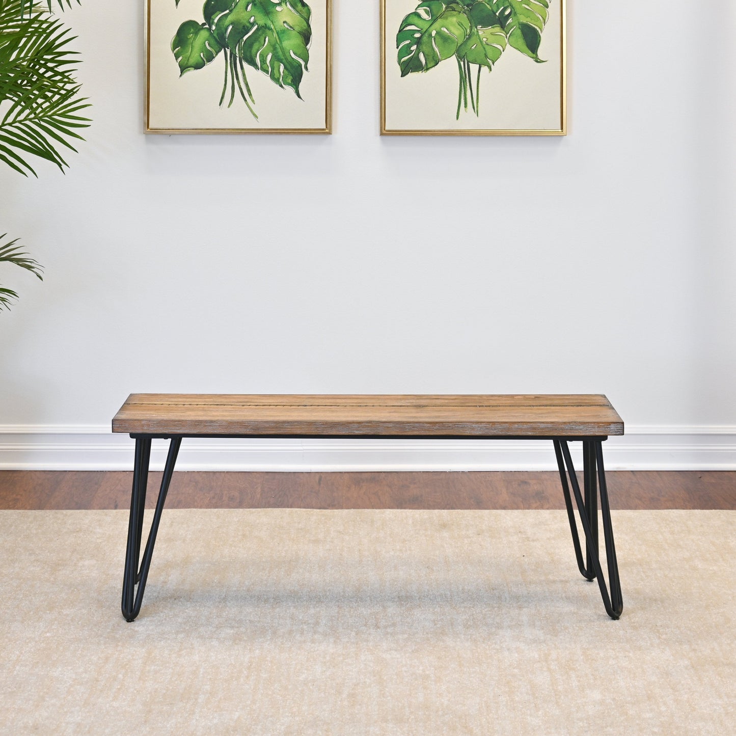 Roundhill Furniture Aryven Industrial Wood Dining Bench, Rustic Dark Pine Finish