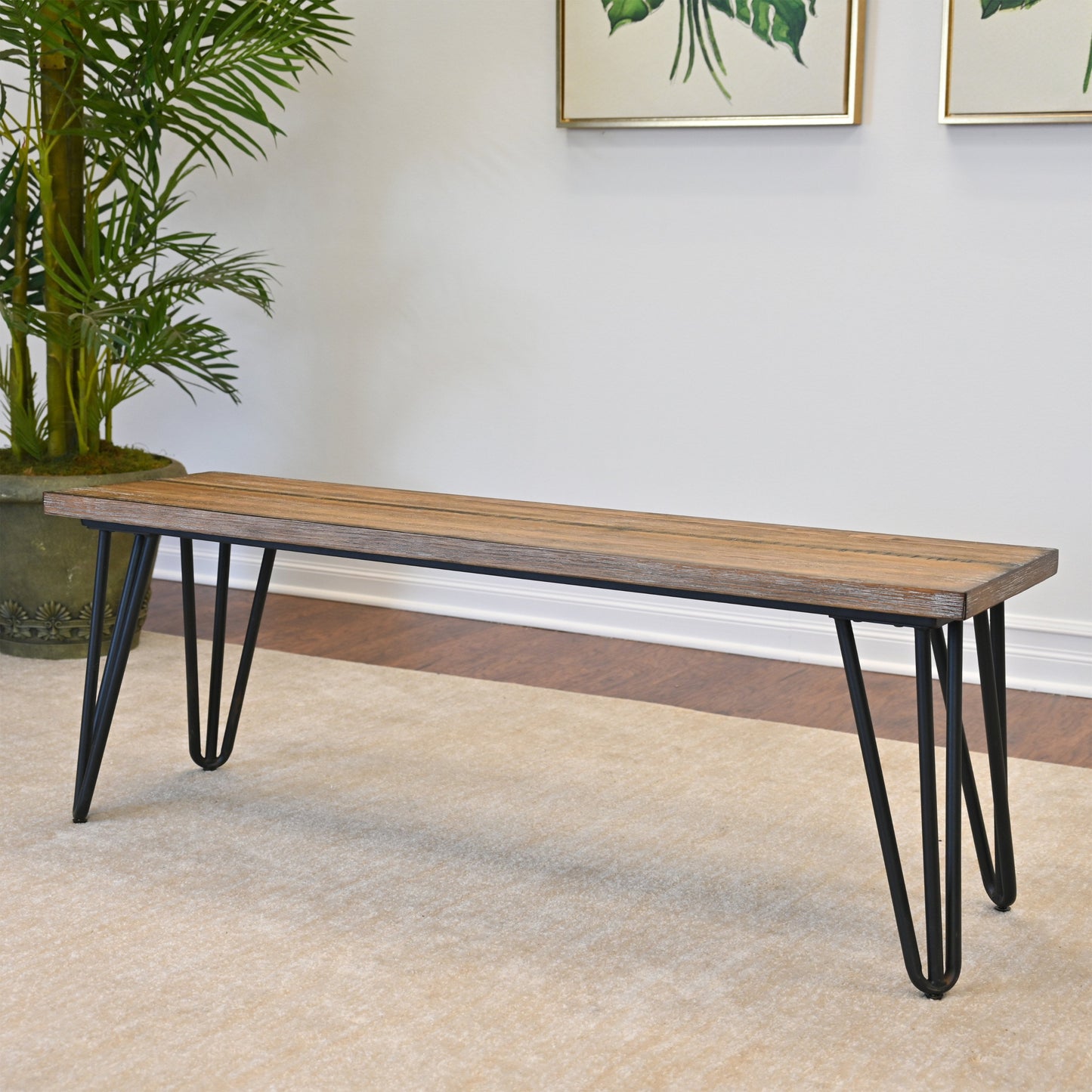 Roundhill Furniture Aryven Industrial Wood Dining Bench, Rustic Dark Pine Finish