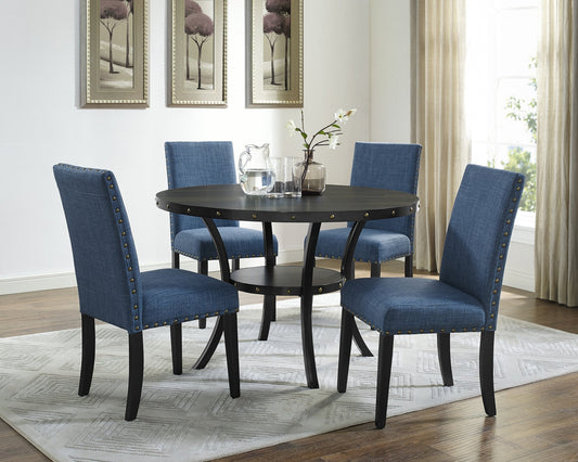 Biony Espresso Wood Dining Set with Blue Fabric Nailhead Chairs