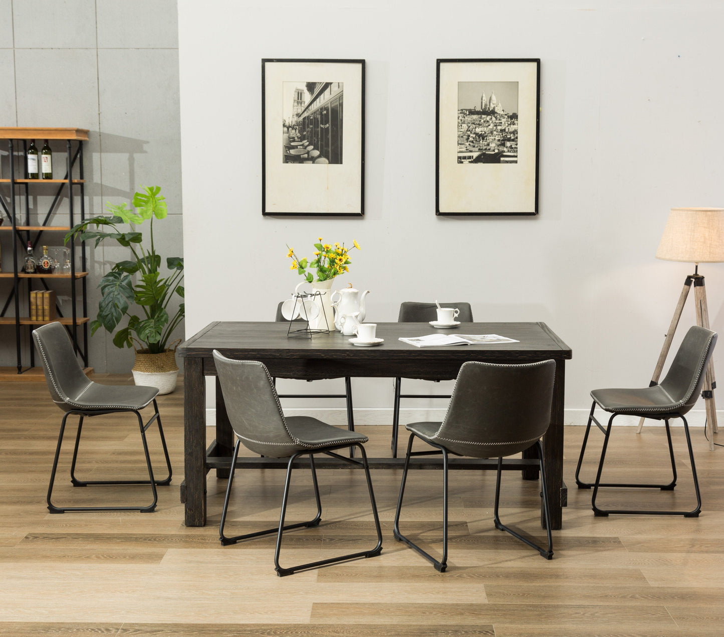 Lotusville 7-Piece Antique Black Finish Wood Dining Table with 6 Gray Faux Leather Chairs Set