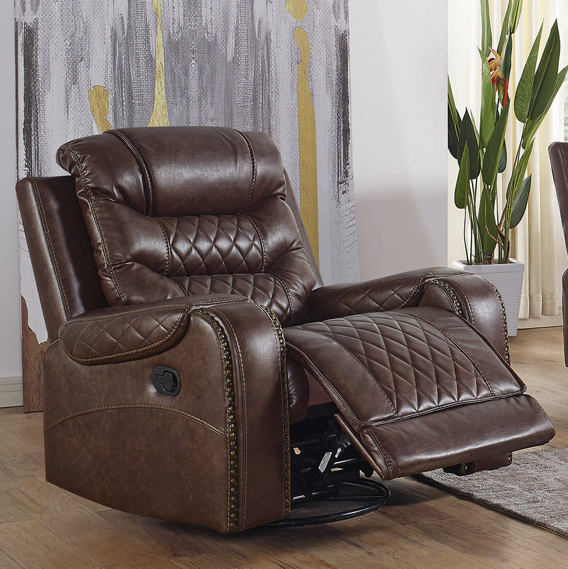 Klens Faux Leather Swivel Glider Recliner with Nailhead Trim, Brown