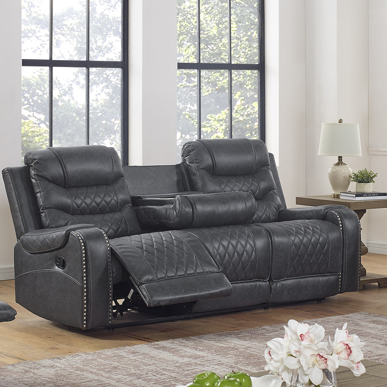 Klens Faux Leather Reclining Sofa with Nailhead Trim and USB Port, Gray