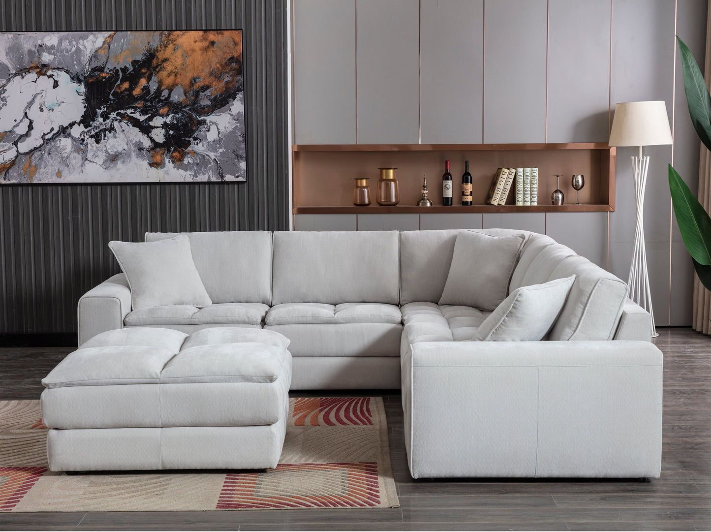 Breton Contemporary Fabric Tufted Modular Sectional Sofa with Ottoman, Oyster