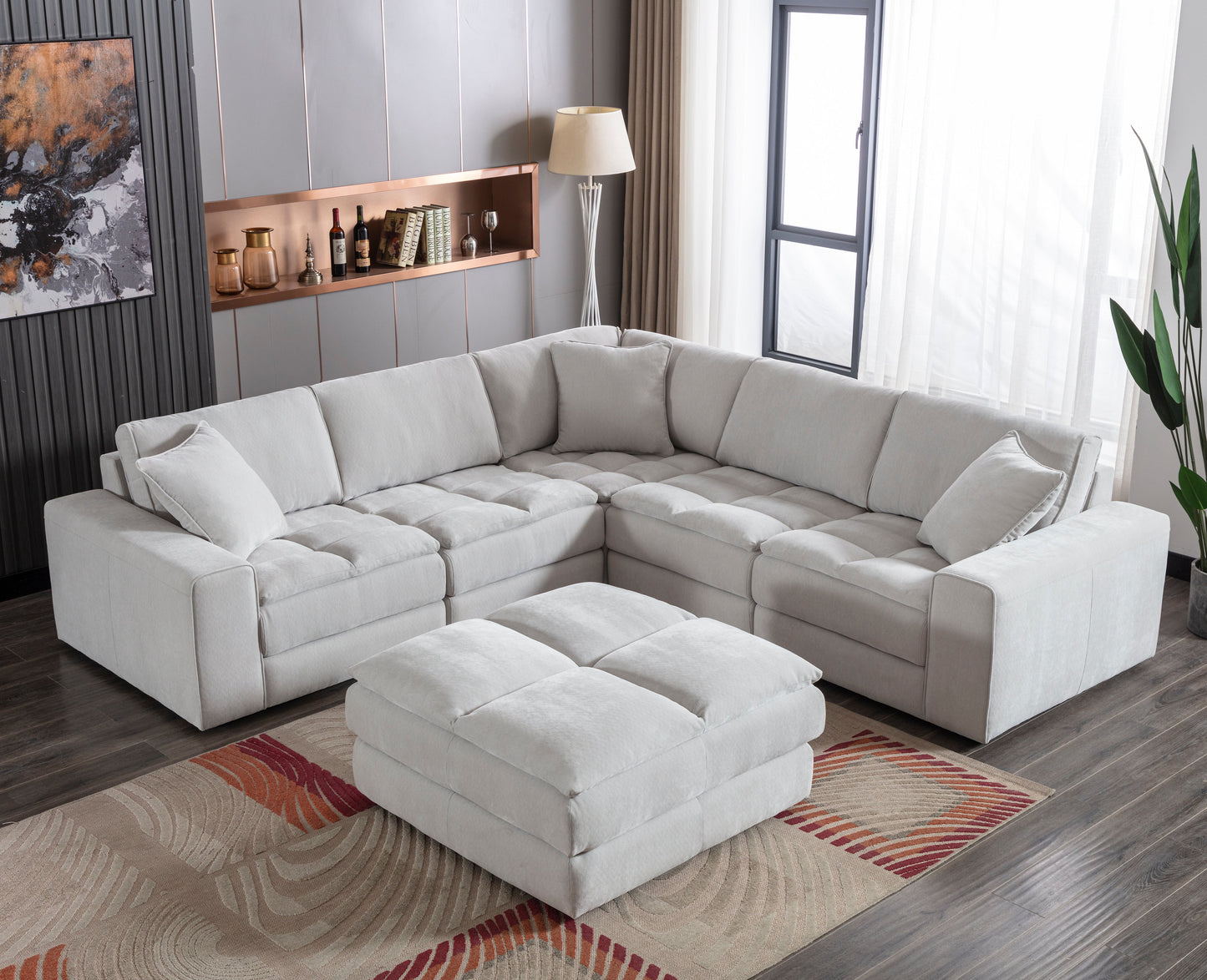 Breton Contemporary Fabric Tufted Modular Sectional Sofa with Ottoman, Oyster