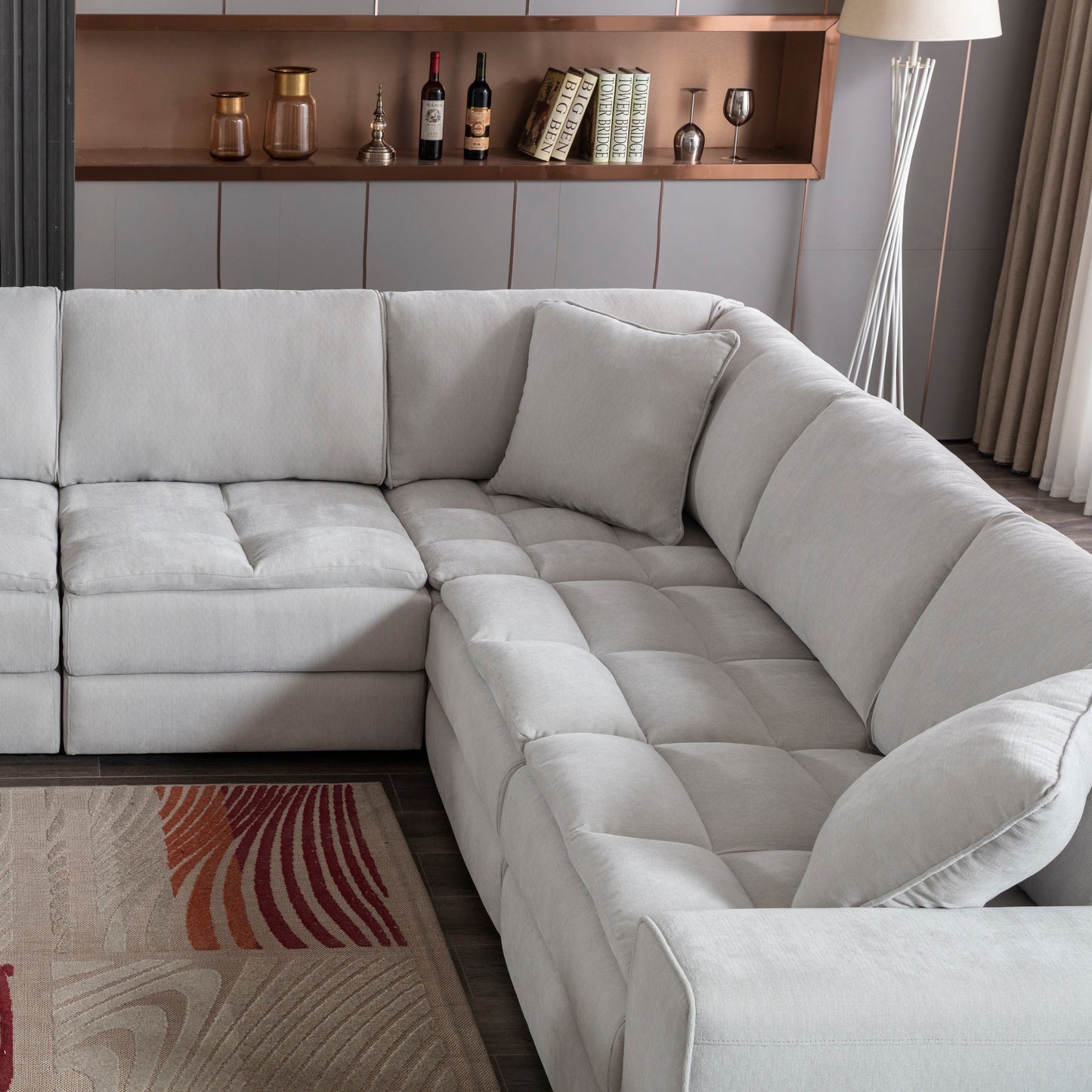 Breton Contemporary Fabric Tufted 6 Piece Modular Sectional Sofa, Oyster