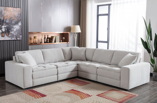 Breton Contemporary Fabric Tufted 5 Piece Modular Sectional Sofa, Oyster