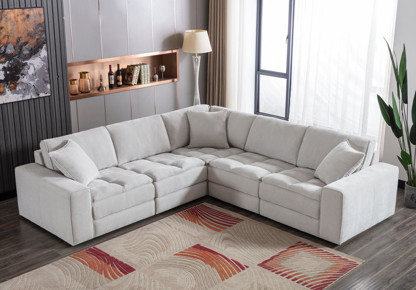 Breton Contemporary Fabric Tufted 5 Piece Modular Sectional Sofa, Oyster