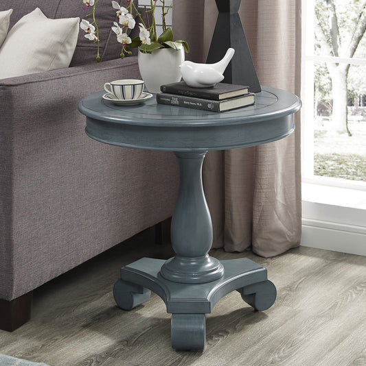 Rene Round Wood Pedestal Side Table, Teal