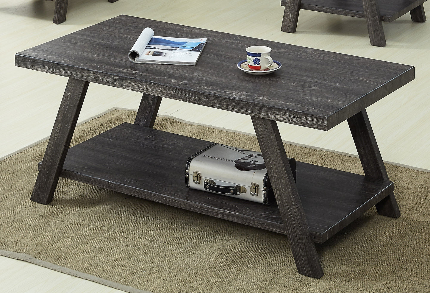Athens Contemporary Replicated Wood Shelf Coffee Set Table in Charcoal Finish