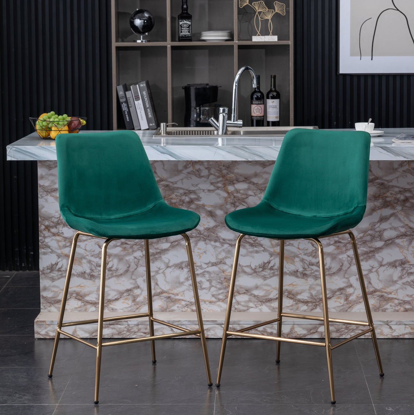 Roundhill Furniture Aufurr Modern Velvet 26.50 Counter Height Stool, Green, Set of 2
