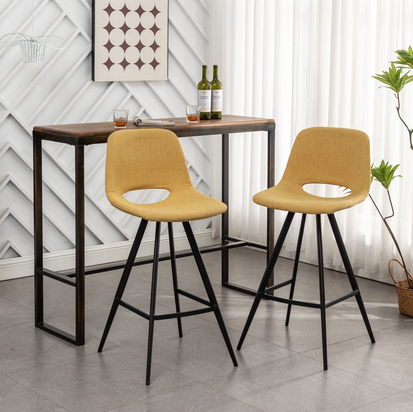 Roundhill Furniture Porth Fabric Kitchen 28.25 Barstools, Yellow, Set of 2