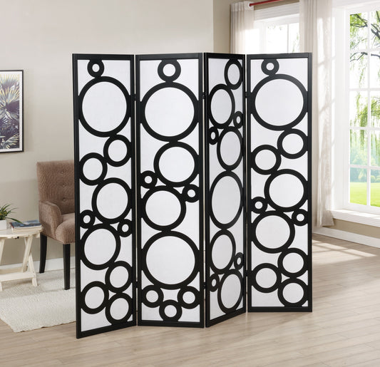 Arvada 4-Panel Wood Room Divider with Circle Pattern, Black