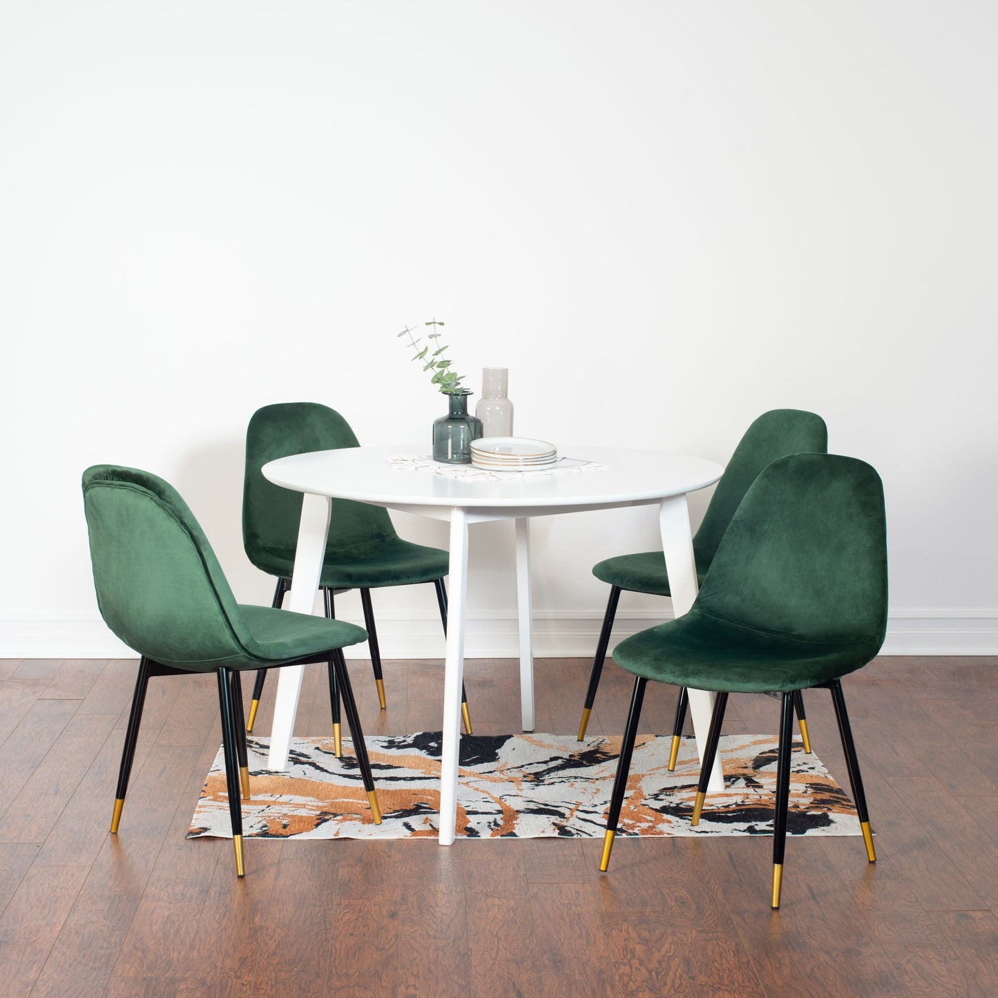 Roundhill Furniture Lassan Contemporary Dining Set, White Round Dining Table with 4 Chairs, 5-Piece