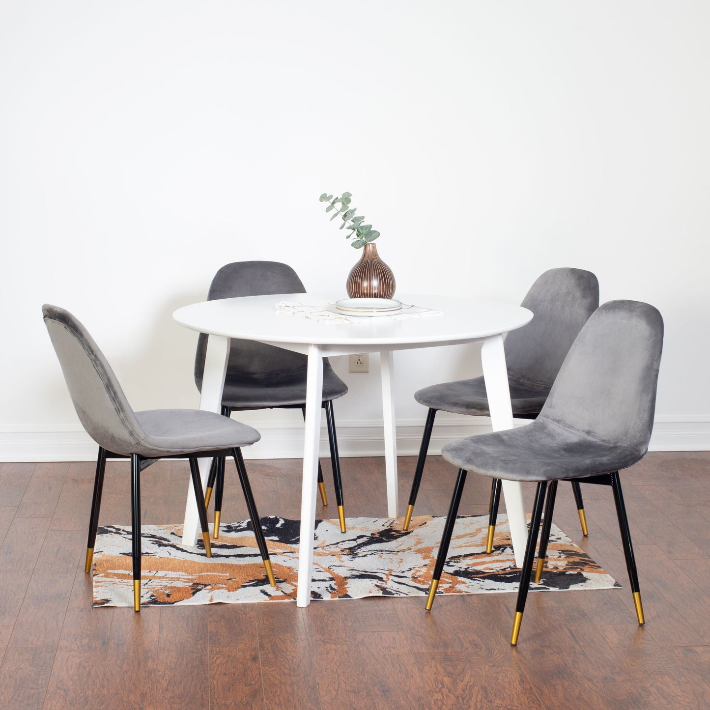 Roundhill Furniture Lassan Contemporary Dining Set, White Round Dining Table with 4 Chairs, 5-Piece
