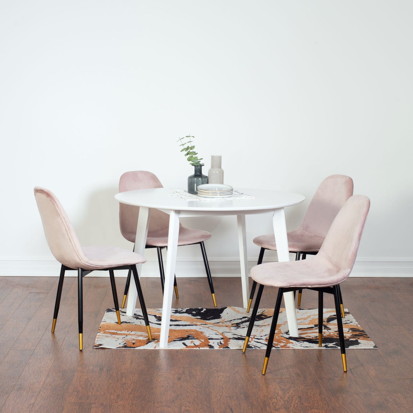 Roundhill Furniture Lassan Contemporary Dining Set, White Round Dining Table with 4 Chairs, 5-Piece