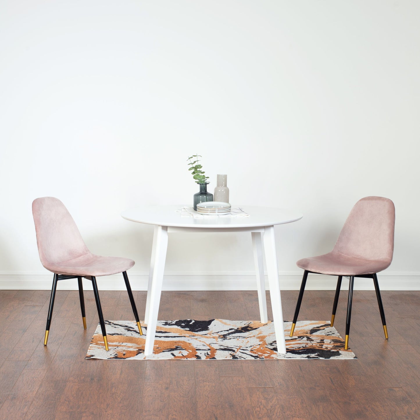 Roundhill Furniture Lassan Contemporary Dining Set, White Round Dining Table with 4 Chairs, 5-Piece