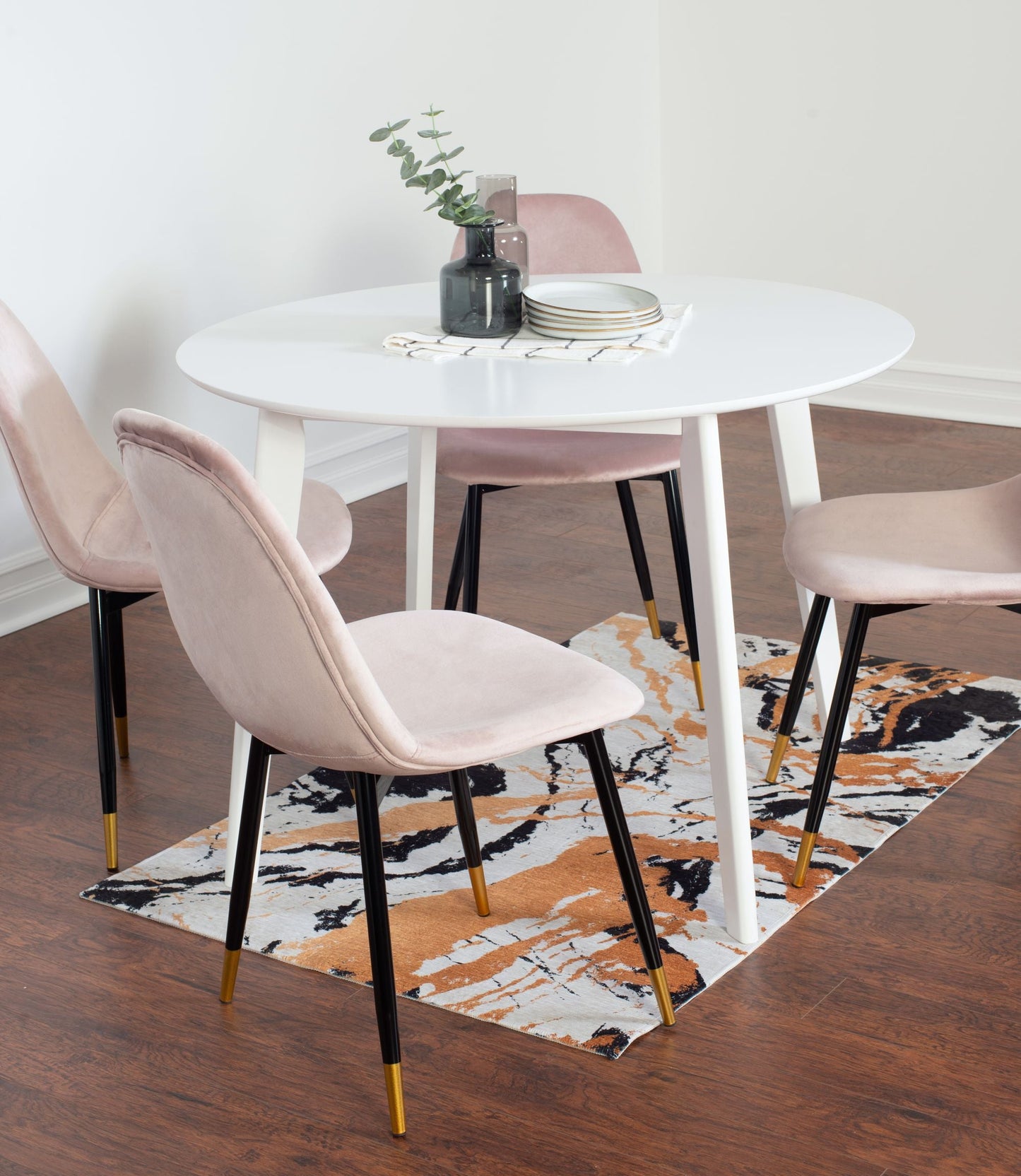 Roundhill Furniture Lassan Contemporary Dining Set, White Round Dining Table with 4 Chairs, 5-Piece