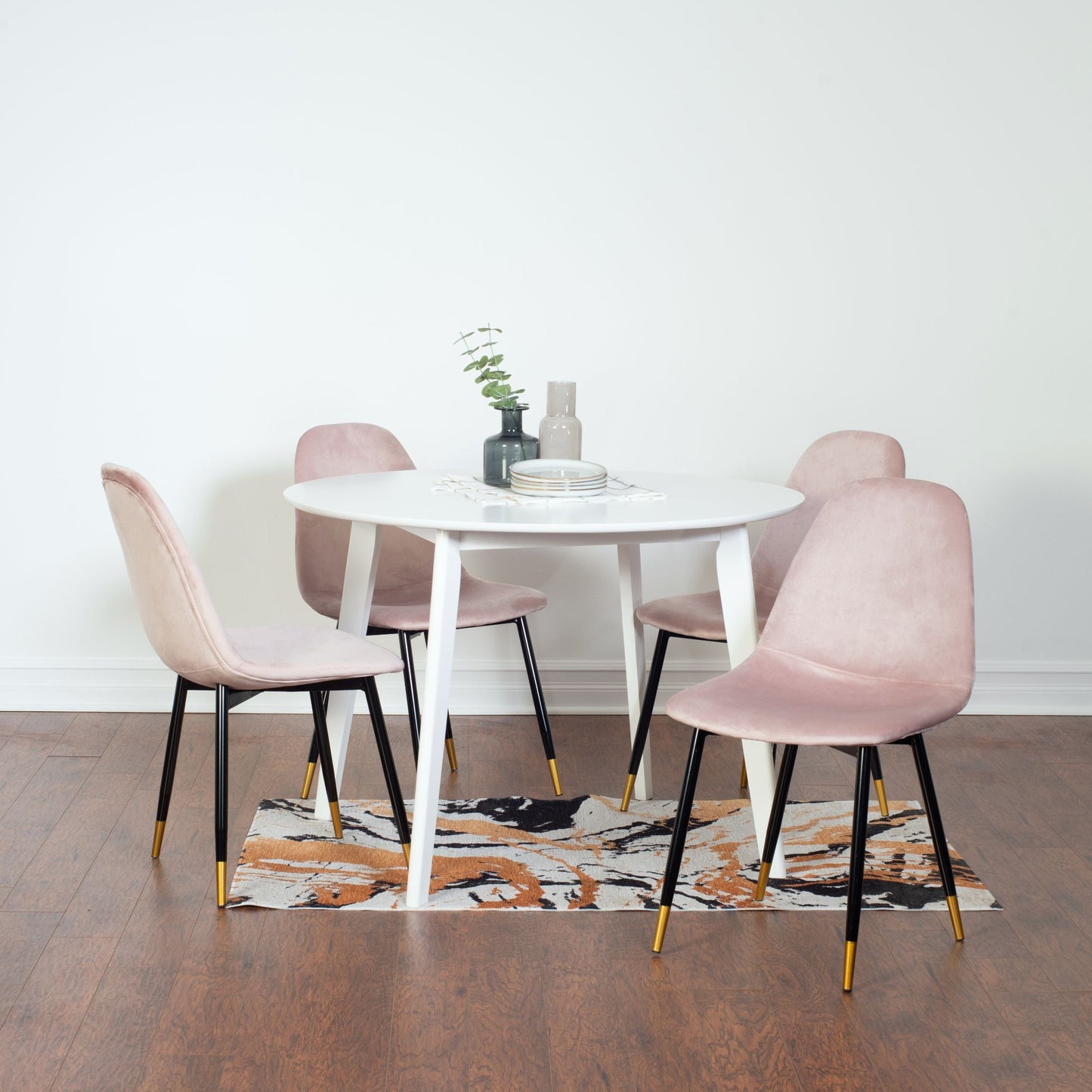 Roundhill Furniture Lassan Contemporary Dining Set, White Round Dining Table with 4 Chairs, 5-Piece