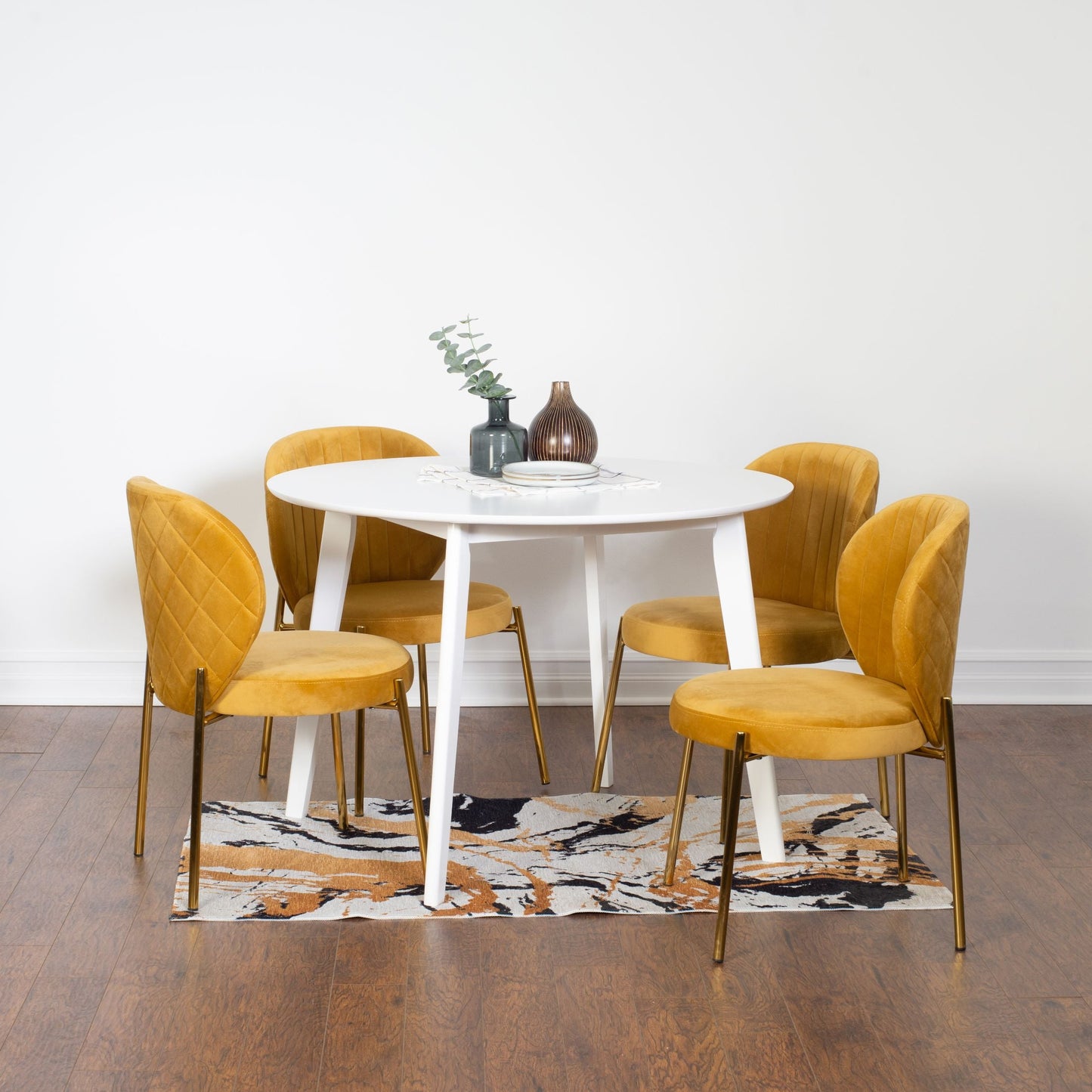 Roundhill Furniture Amoa Contemporary Dining Set, White Round Dining Table with 4 Chairs, 5-Piece